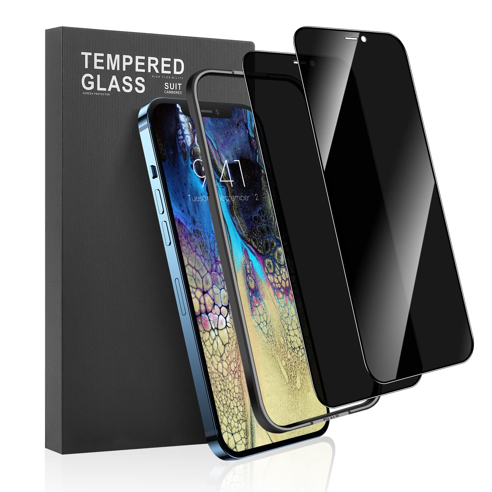 Meidom 2 Pack Privacy Screen Protector for iPhone 12/12 Pro, Anti Spy Private Tempered Glass Film, 6.1 inch, Black Border