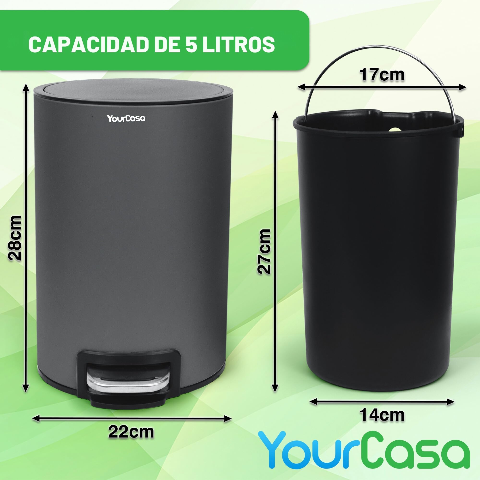 YourCasa® Cubo de Basura para Baño [5L] - Diseño Elegante Con Tapa y Cierre Suave - Interior Extraíble (Antracita)