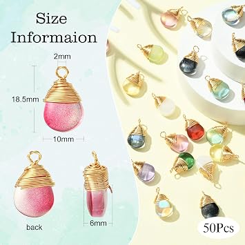 KitBeads 50pcs Glass Water Drop Charms Transparent Colorful Gold Plated Teardrop Charms for Jewelry Making