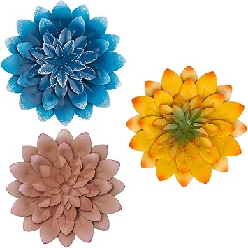 Everydecor 3D Metal Succulent Wall Decor Set of 3 - Pink, Blue, Yellow, Bundle
