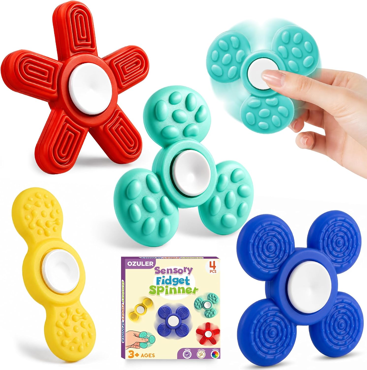 Silicone Sensory Fidget Spinner 4 Pack, Quiet Textured Fidget Toys with Soft Silicone Surface, Sensory Toys for Kids and Adults, Calm Focus Toy for Classroom, Office and Travel