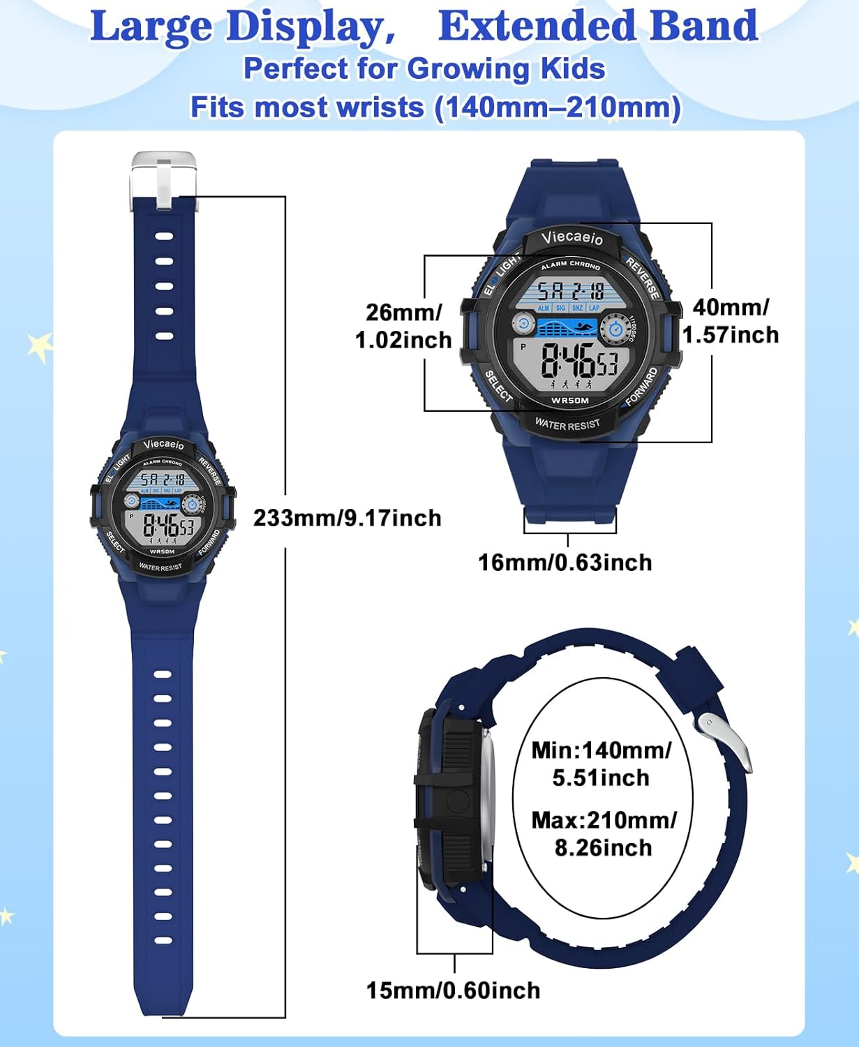 Kids Digital Watch for Boys Girls,2 Interchangeable Silicone Straps, 50M Waterproof & Shockproof Sports Watch with 7-Color LED Backlight, Alarm, Stopwatch, Calendar (Ages 5-18) - Image 3