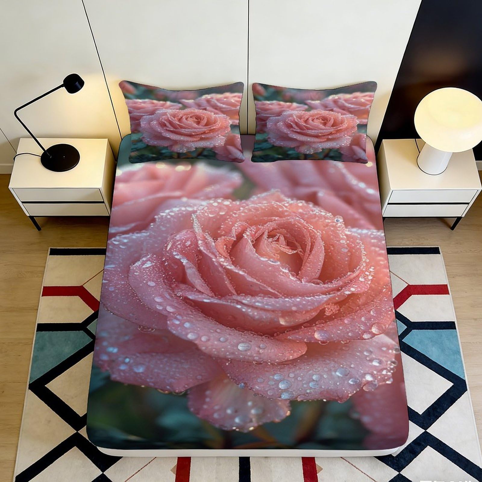 3D Printed Pink Rose Fitted Sheet Microfiber Soft Bed Cover Waterdrop Floral Mattress Cover Bedroom Decor 90x200x25cm