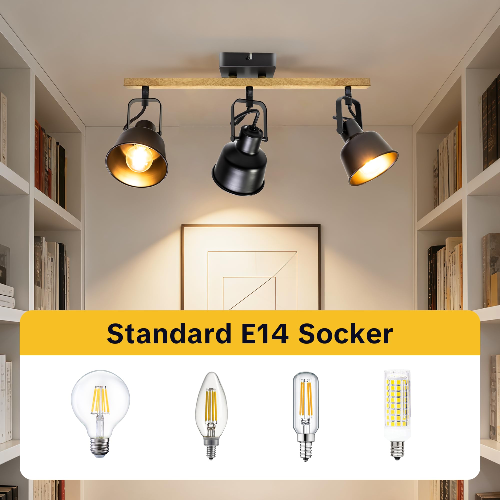 Deckenstrahler 3 Flammig Schwenkbar 350° LED Deckenleuchte E14 Fassung Industrial Holzmaserung Schwarz