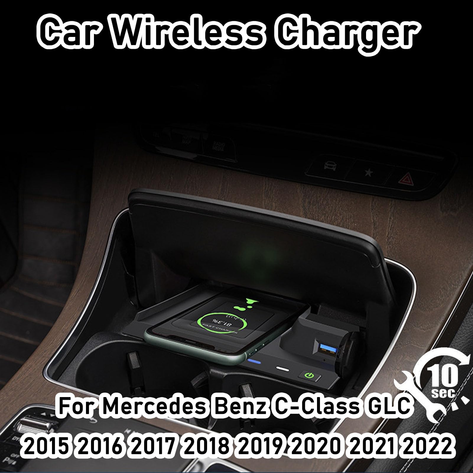 Caricatore Wireless Per Auto per Mercedes Benz Classe C Glc (2015-2022) Tutti I Modelli Con Sistema Di Raffreddamento A Doppio Canale D'aria Accessori Di Aggiornamento A Carica Rapida Da 15 W