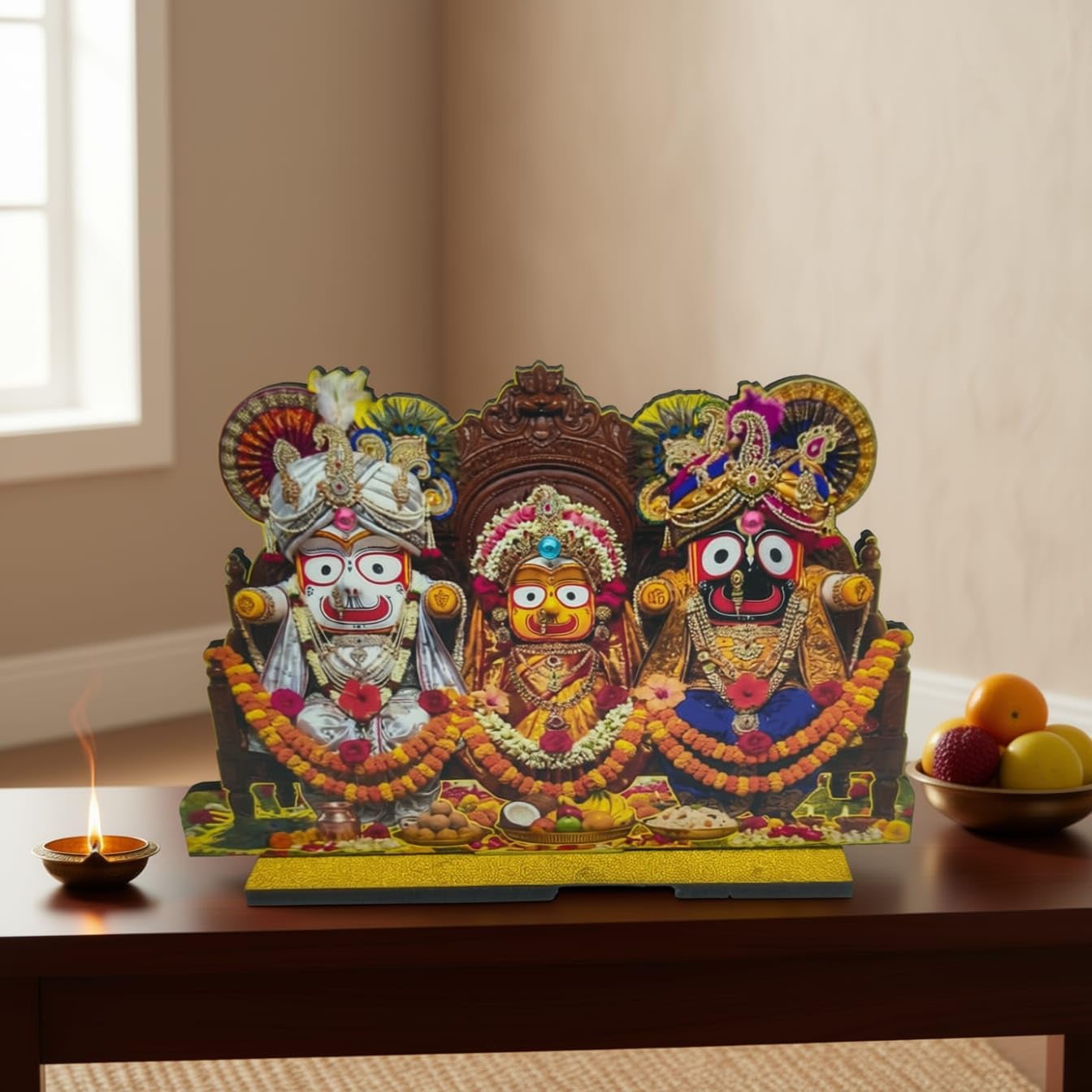 Jagannath Ji Wooden Decorative Cutout Standee, Balabhadra Subhadra Jagannath Trio, Home Puja Decor with Golden Stand-image-0