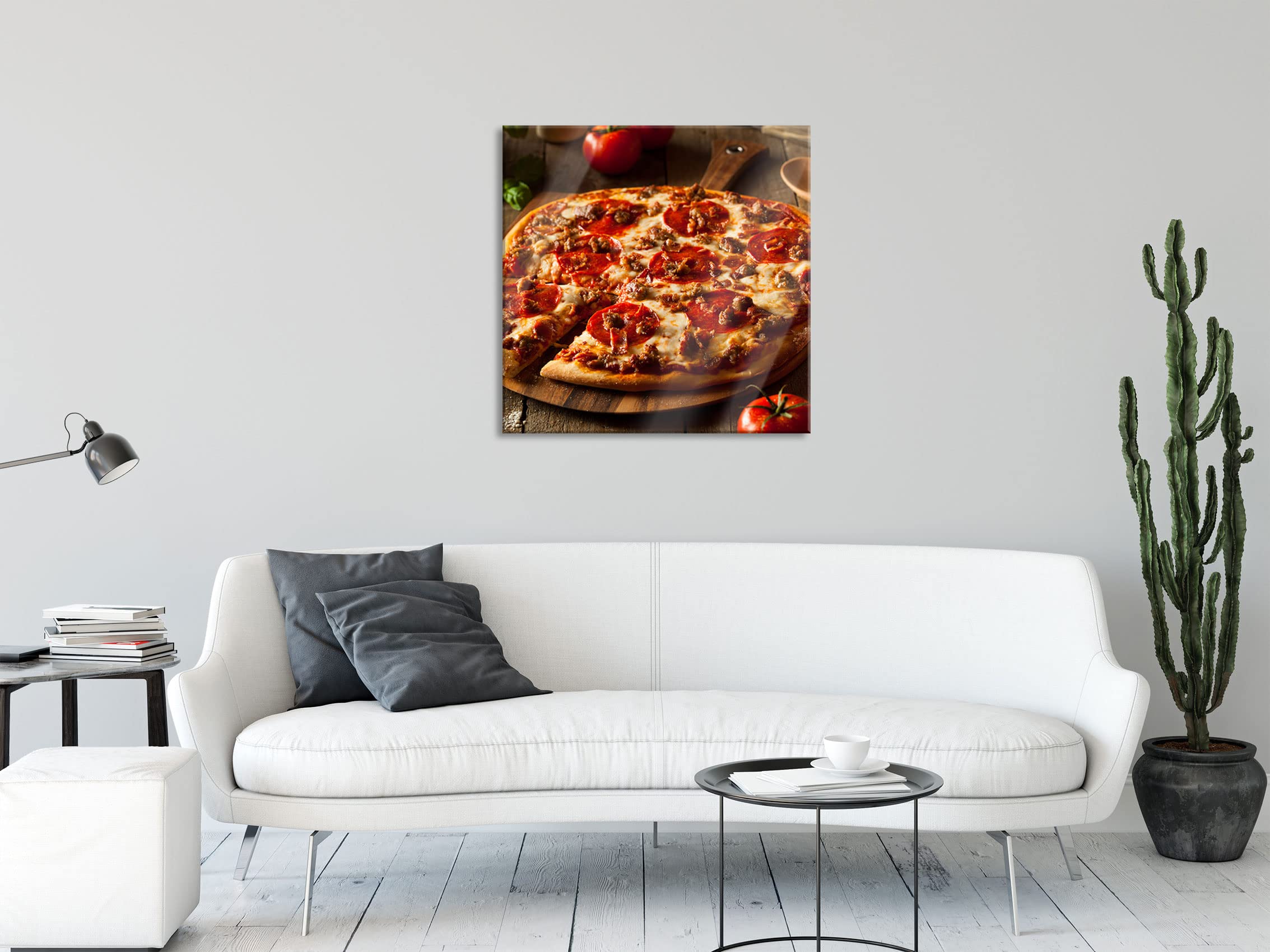 Pixxprint Glasbild, Wandbild auf Echtglas, Pizza mit Salami und Tomaten, 80x80 cm, inkl. Aufhängung und Abstandshalter