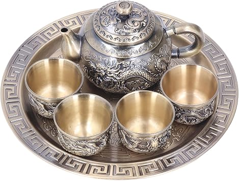 Tea Pot, Exquisite Metal Vintage Moroccan Tea Set with 4 Cups Plate, Luxurious Relief Pattern, for Gift Table Decoration