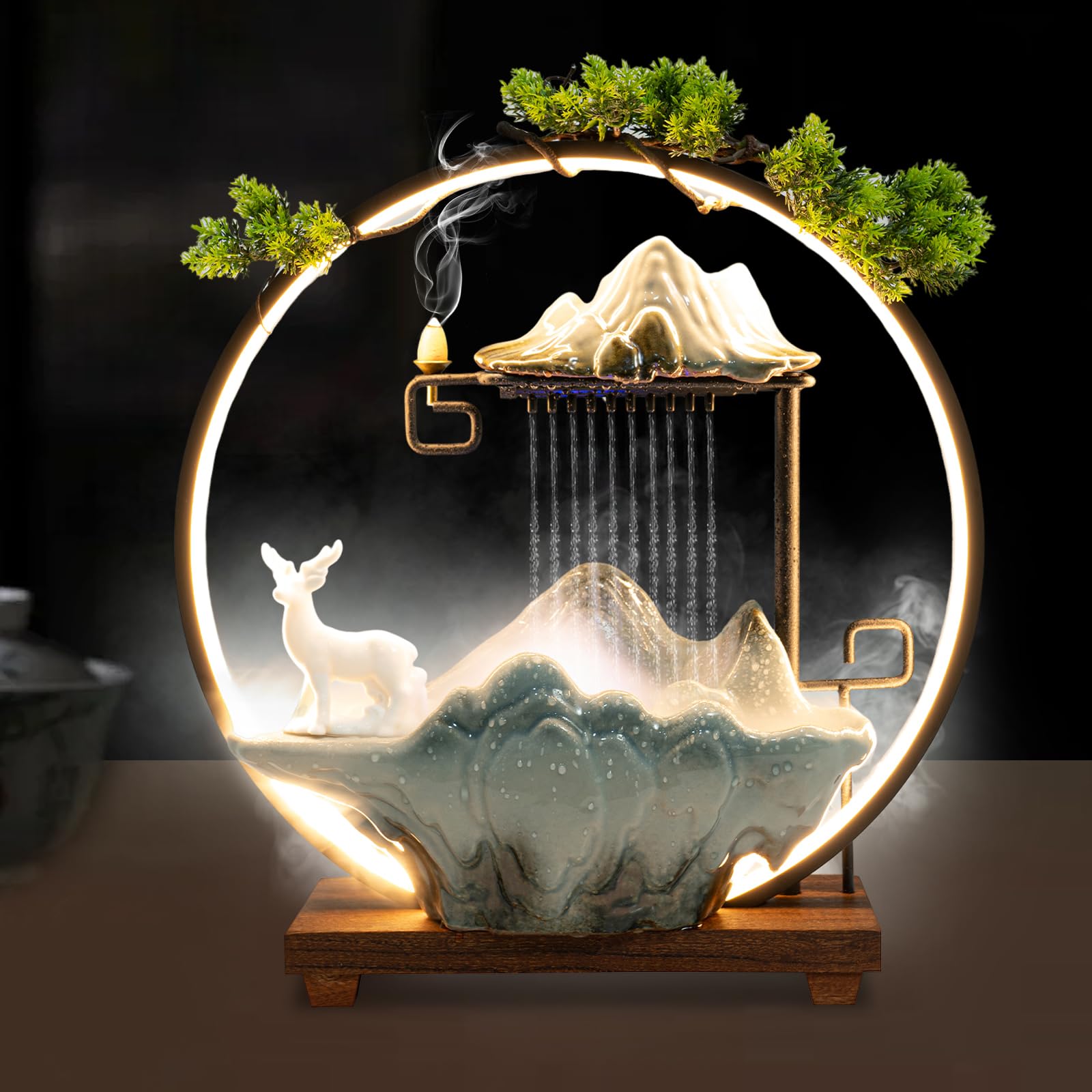 Tabletop Fountain Waterfall with LED Light Loop,Artificial Landscape Tabletop Fountain with Pump|Atomizer, for Indoor Outdoor Decoration,Stress Relief