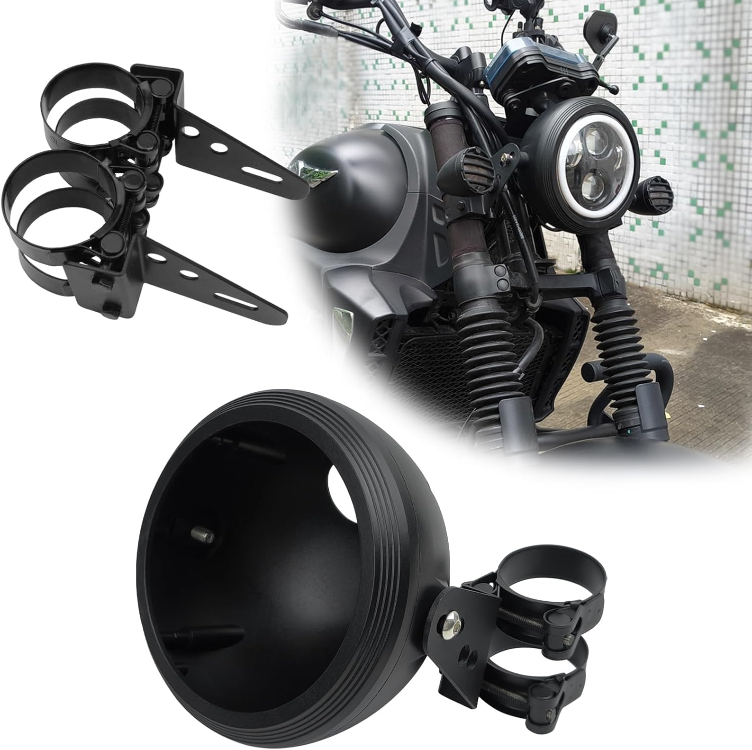 5.75inch CNC Motorcycle Headlight Housing Bucket with Side Mounting Bracket 32-35MM Fork Tube Holder Clamps for Motorcycle