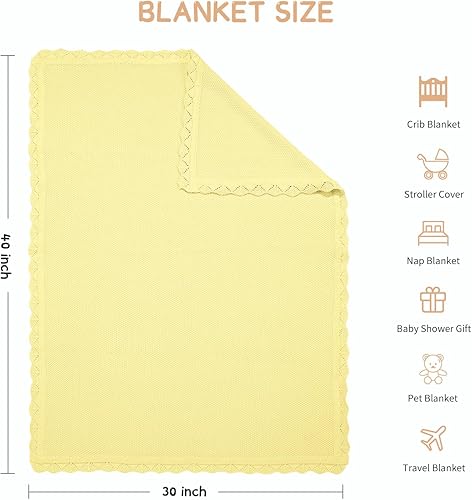 Miniatura 6 de Manta de bebé 100% algodón de punto suave y cálido de encaje para recién nacido, 30 x 40 pulgadas, amarillo limón
