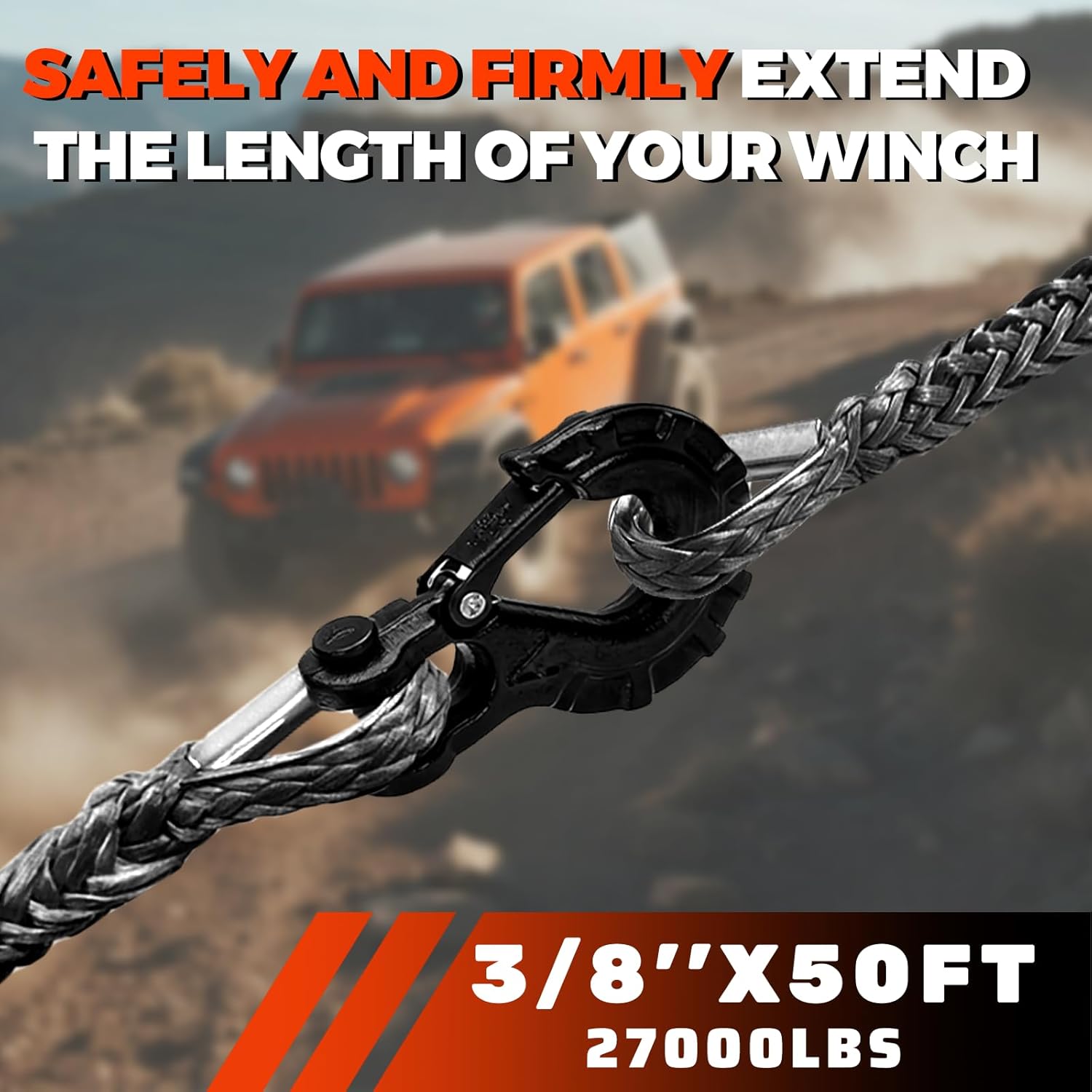 Winch Rope Extension, 3/8'' x 50ft 27,000Lbs Synthetic Winch Extension Rope, Winch Extension Line for Off Road Vehicle ATV UTV SUV Jeep (Gray)