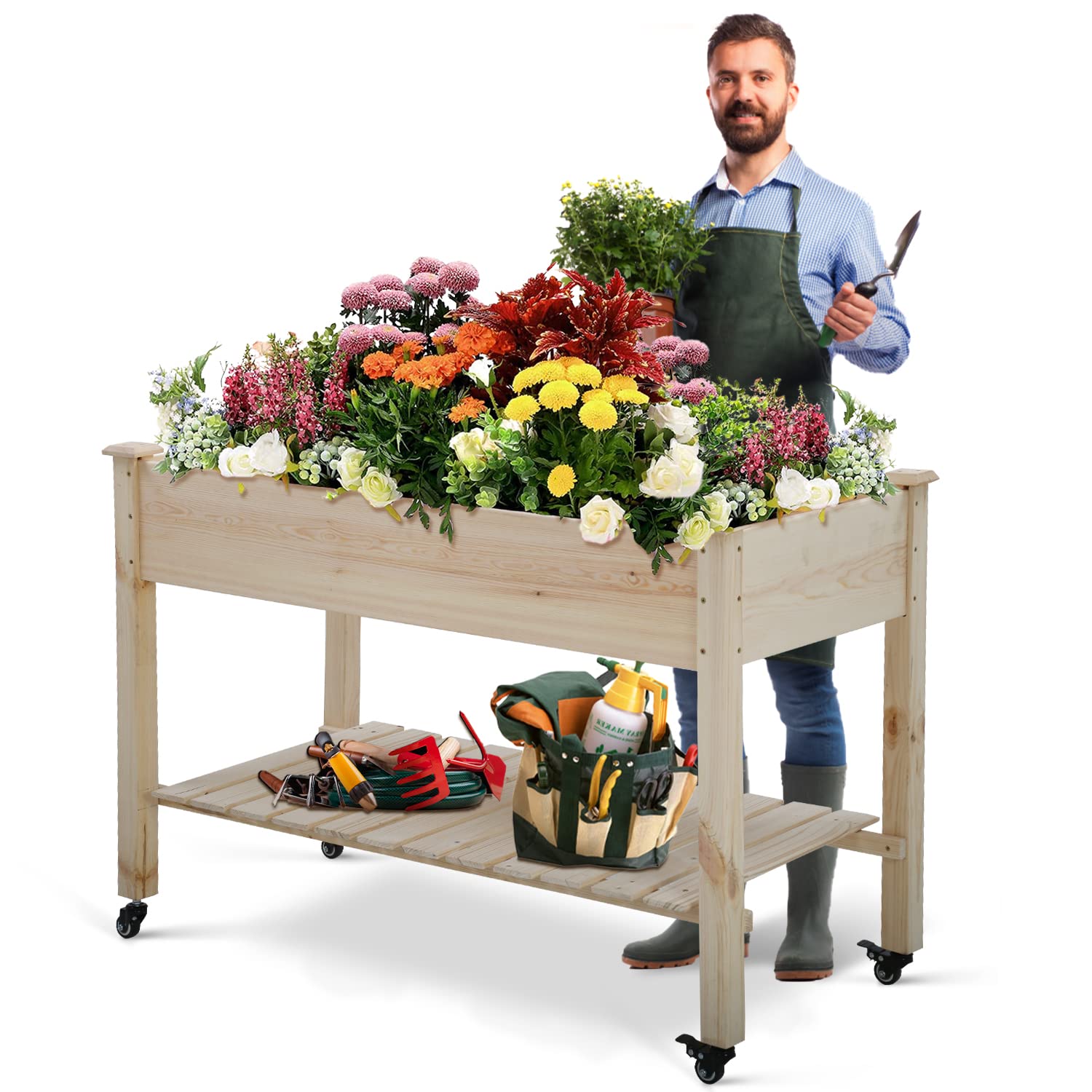 GINMAON 48x23x32 Inch Raised Garden Bed Elevated Planter Bed with Large Storage Wooden Planting Beds Outdoor with Wheels for Flowers Vegetables Backyard (Nature)