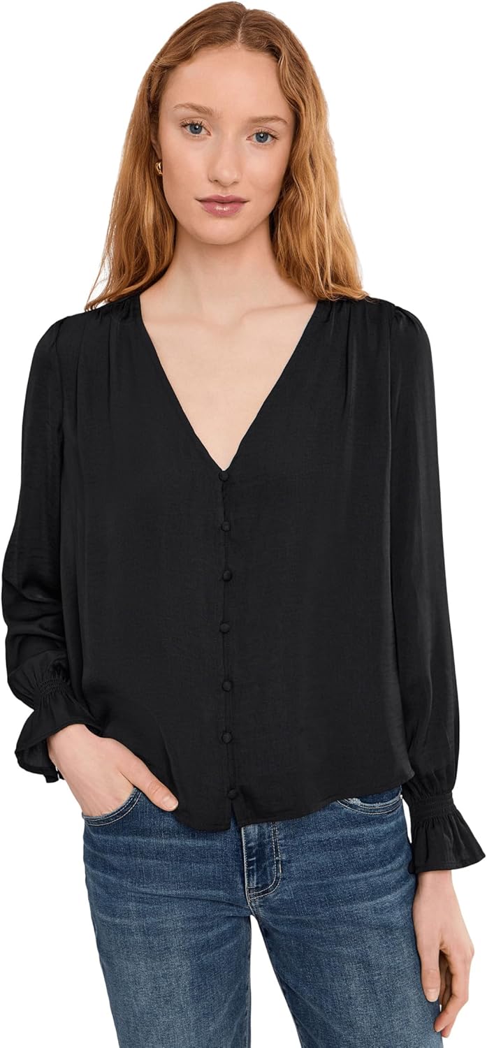 Liverpool Los Angeles Petite Long Sleeve Button Front Woven Top with Smocking
