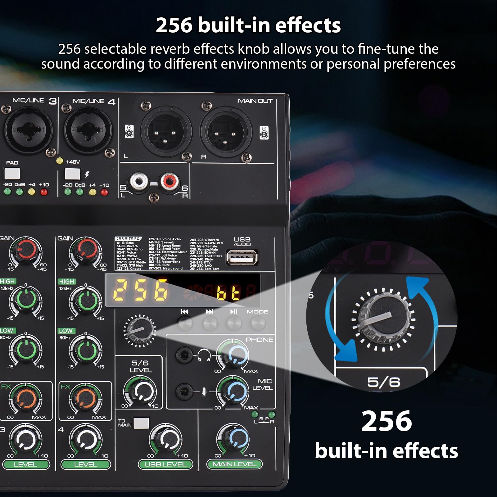 Naroote Kompaktes 6-Kanal-Mischpult mit 256 Effekten und 48-V-Phantomspeisung für Kleine Musikveranstaltungen, Heimmusikproduktion