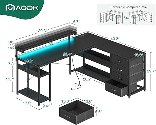Miniatura 3 de AODK Escritorio en forma de L de 53 pulgadas con cajón, escritorio para computadora con tomas de corriente y luces LED, escritorio de esquina