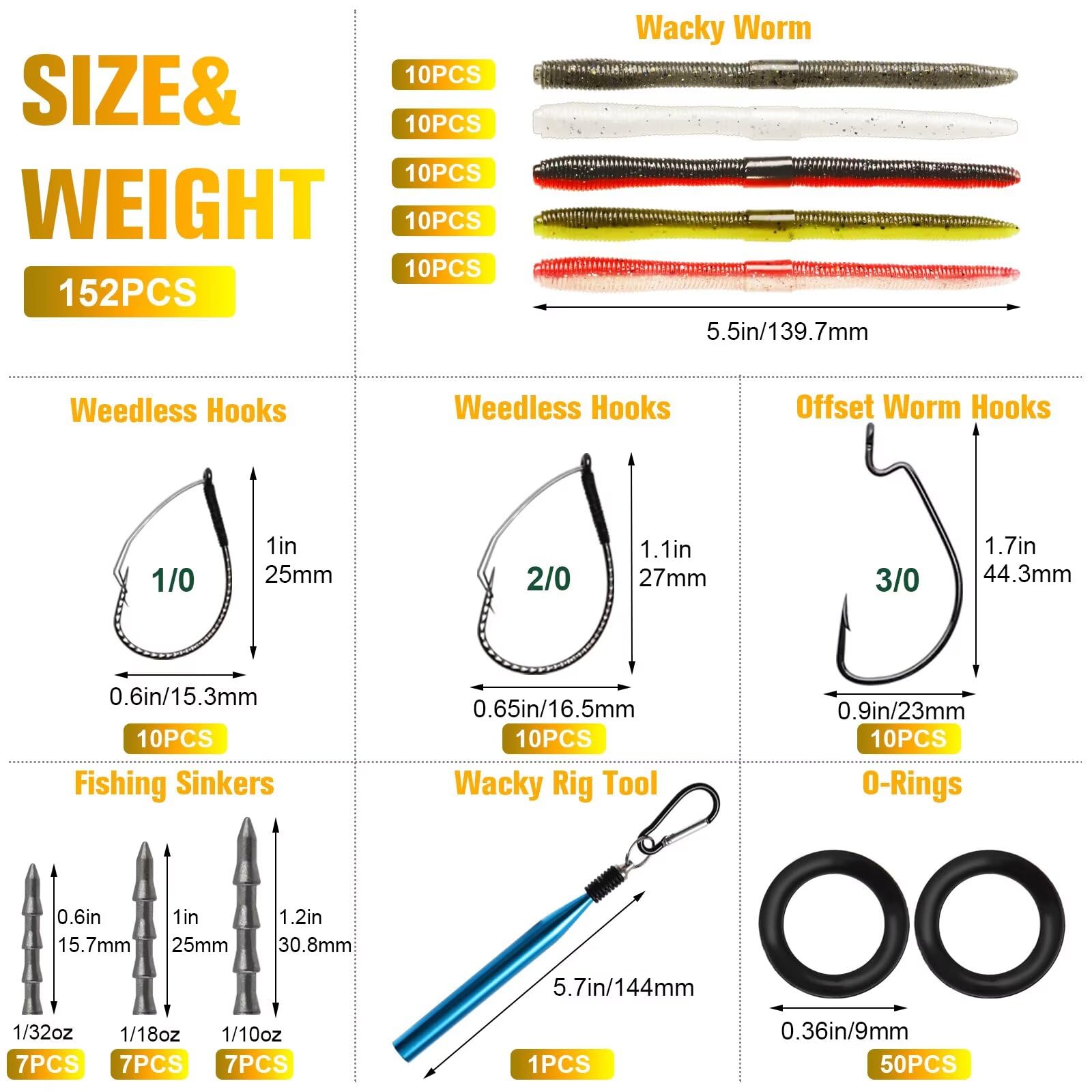 Dovesun 152/50 Pièces Wacky Worm pour Bass Leurres de pêche Kit d'hameçons et de vers de pêche avec appâts en Plastique Souple hameçons Weedless hameçons Offset Worm Wacky Rig