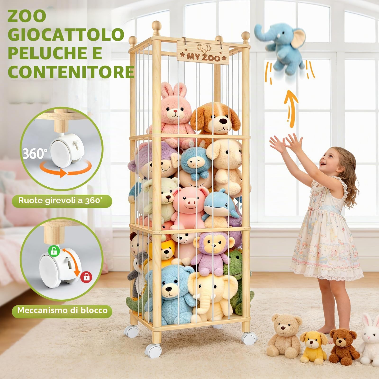 Porta Peluche Design Zoo in Legno,Organizer per Peluche con Ruote Frenate,Organizer per 𝐆𝐢𝐨𝐜𝐚𝐭𝐭𝐨𝐥𝐢 Salvaspazio con Grande Capacità,136 cm,per Cameretta 𝐁𝐚𝐦𝐛𝐢𝐧𝐢 Stanza dei 𝐆𝐢𝐨𝐜𝐡𝐢 | per riporre animali e giocattoli, 136 cm, con grande capacità, per il bagno