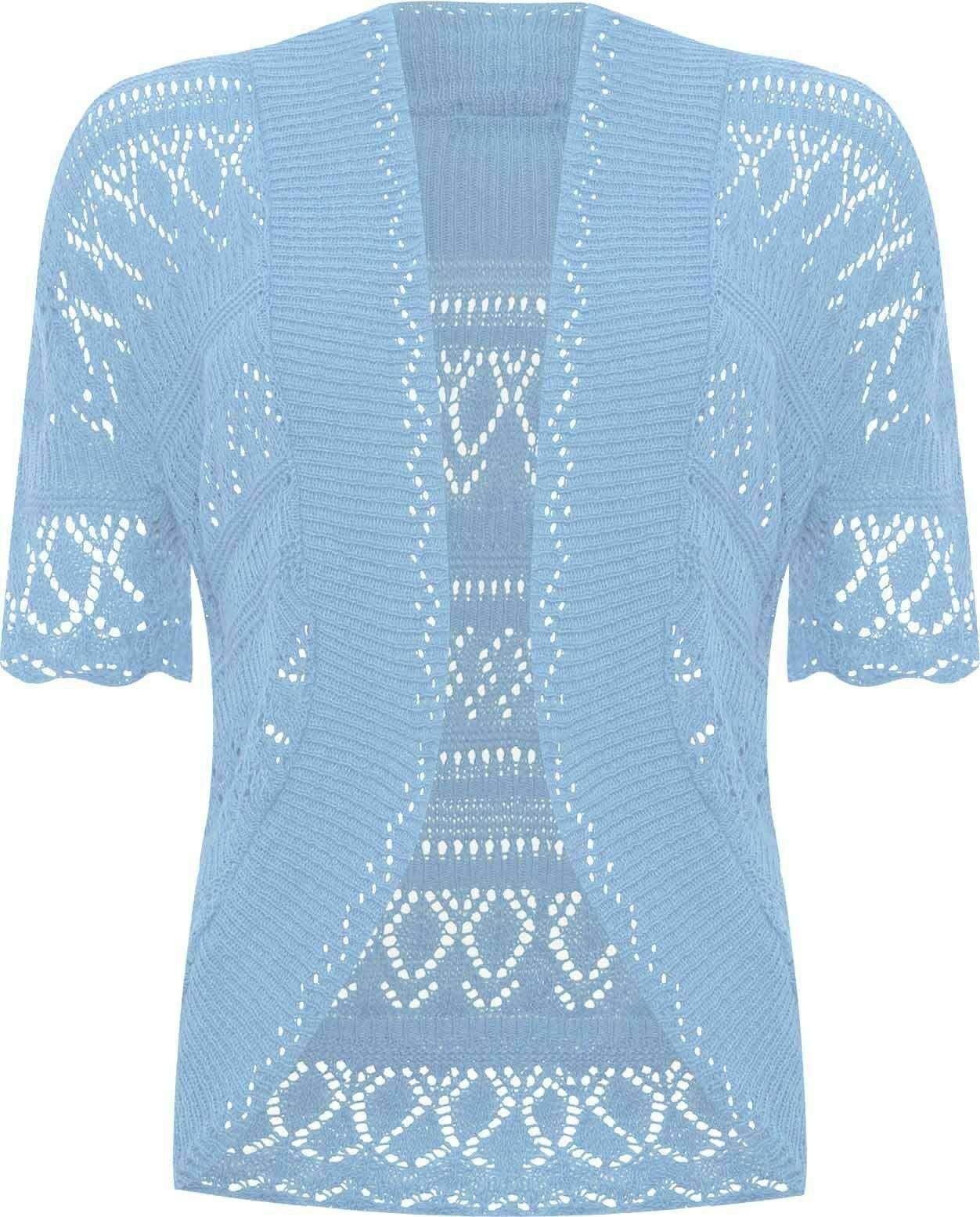 FAIRY BOUTIQUE Womens Plus Size Crochet Knitted Short Sleeve Cardigan Ladies Open Front Shrug Bolero Top Sizes 8-30 (Sky Blue UK 24-26)