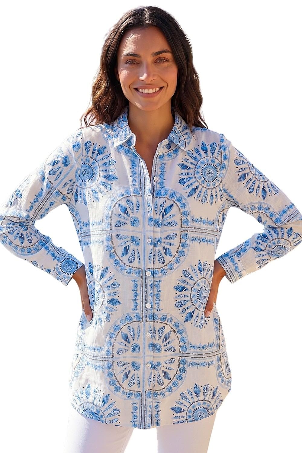 Roman Women's Light Blue Abstract Print Collared Shirt In Size 12