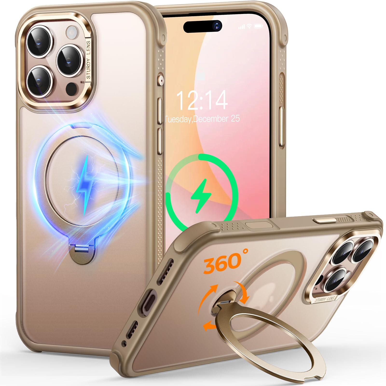 Custodia O3 Mag-Stand per iPhone 16 Pro Max con Supporto a 360°,[Compatibile con MagSafe][Eccezionalmente Delicata Sulla Pelle]Sottile Eopaca Magnetica Traslucida 6,9", Oro Opaco