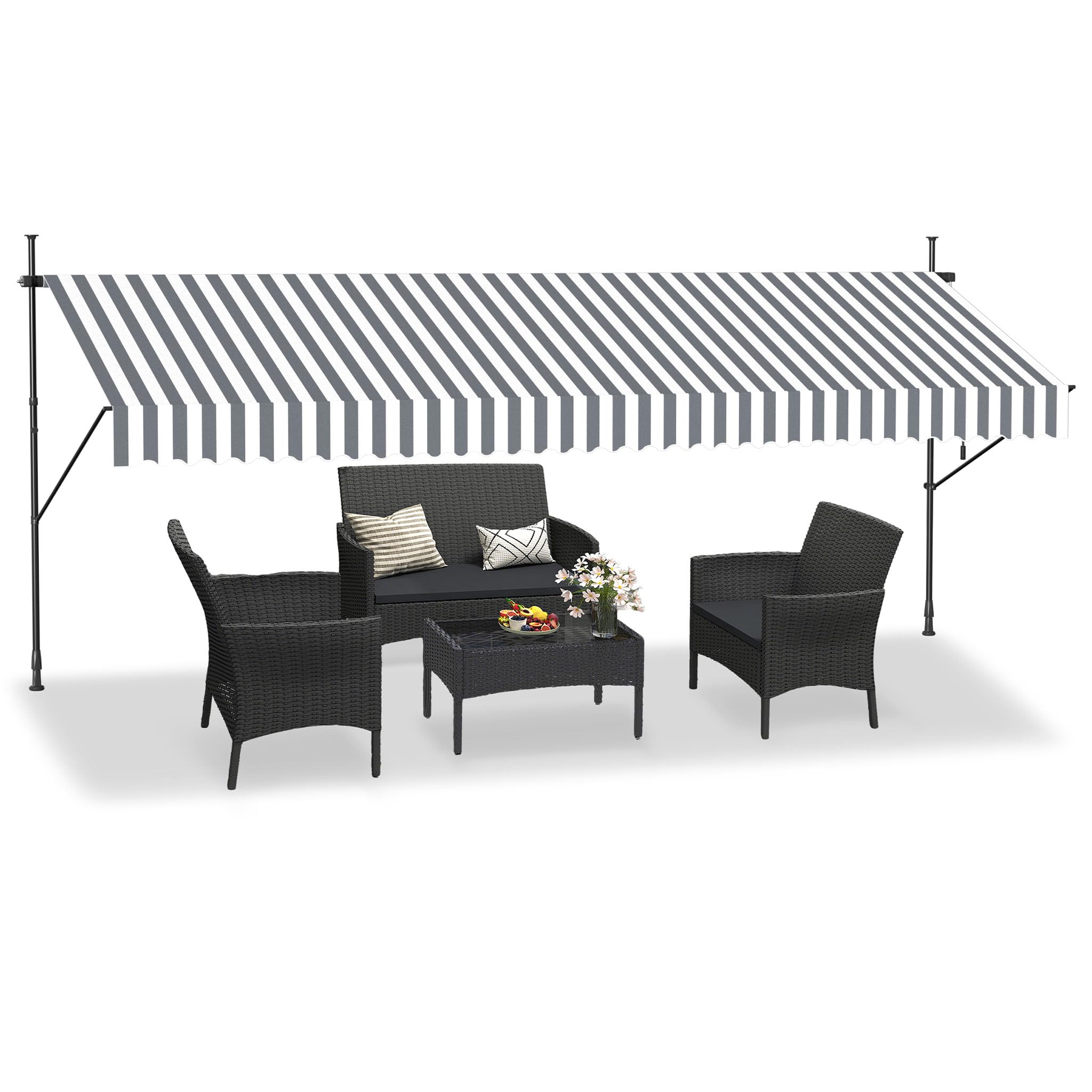HENGMEI Telescopic Awning 400 x 120cm Retractable Clamp-On Balcony Awning with Hand Crank, No-Drill UV Protection Sun Shade Canopy for Patio, Garden Terrace Shelter Adjustable, Grey and White Stripes