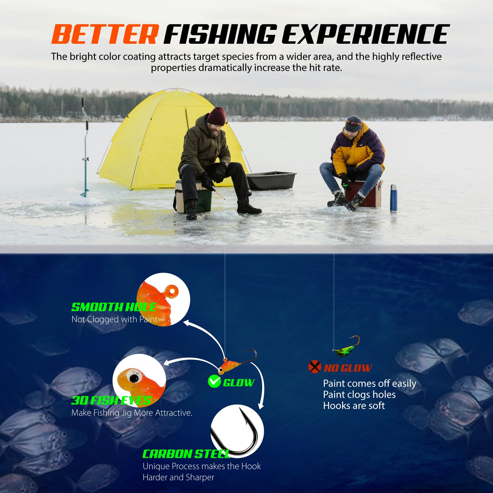 Kit di esche da pesca sul ghiaccio, 36/60/100 pezzi, set di ami per pesca su ghiaccio invernale, panfish, pesce persico, trota, bluegill, glaucomi, Crappie Ice Fishing Lures Set con scatola