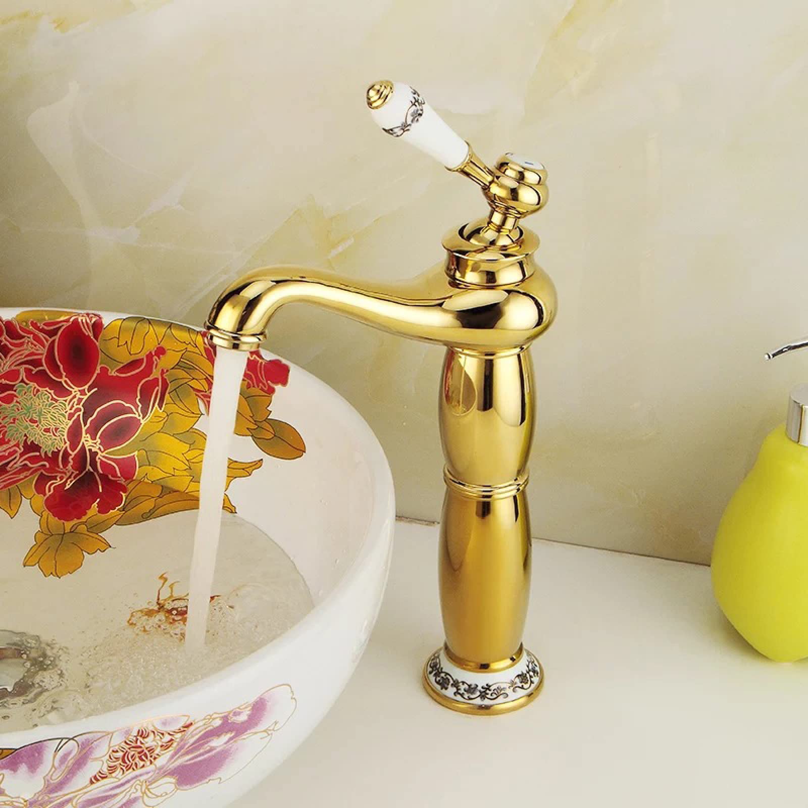 Grifo de Lavabo Vintage Dorado para baño, Grifo Monomando para Agua fría y Caliente, Grifo de tocador de latón Antiguo, Alto (Alto) LWX