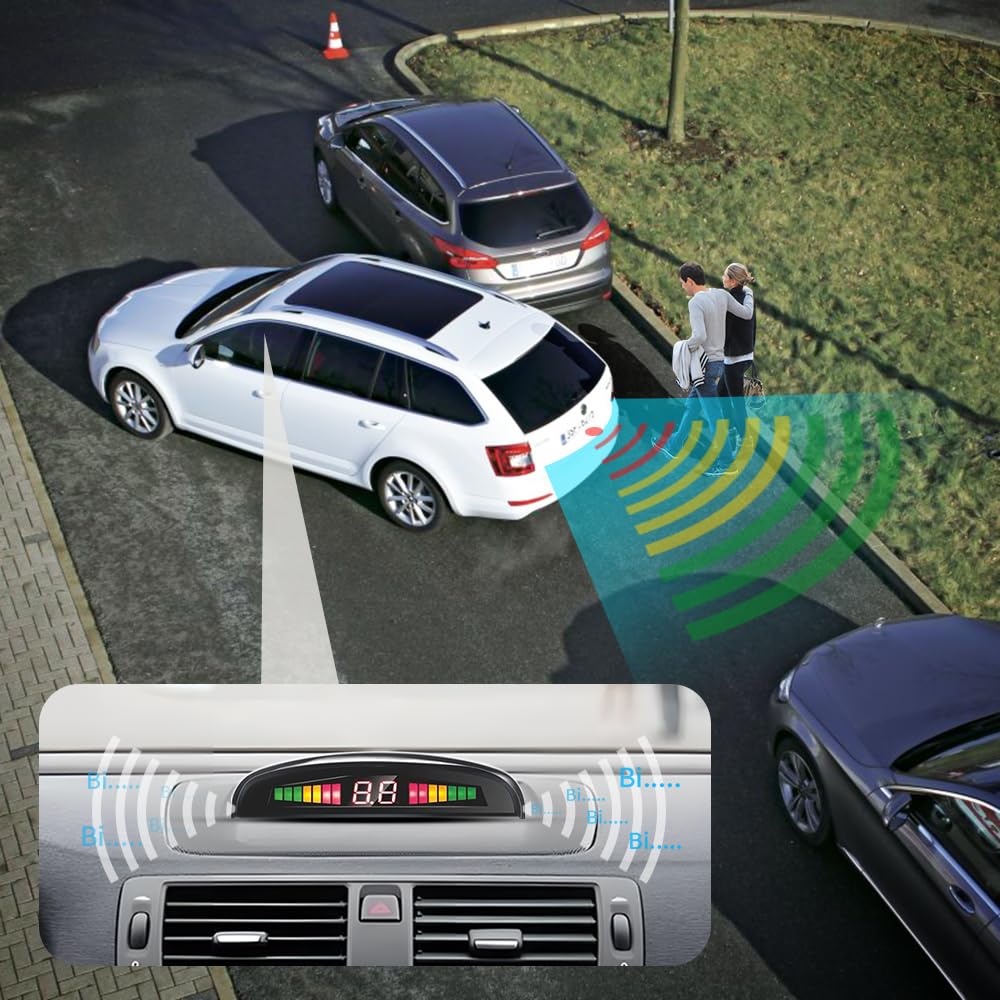 Aide au Stationnement sans Fil, Aide à la Marche Arrière avec 4 Capteurs de Stationnement Arrière PDC, Kit d'alerte de Distance Totale avec Affichage LED sans Fil (Argent)