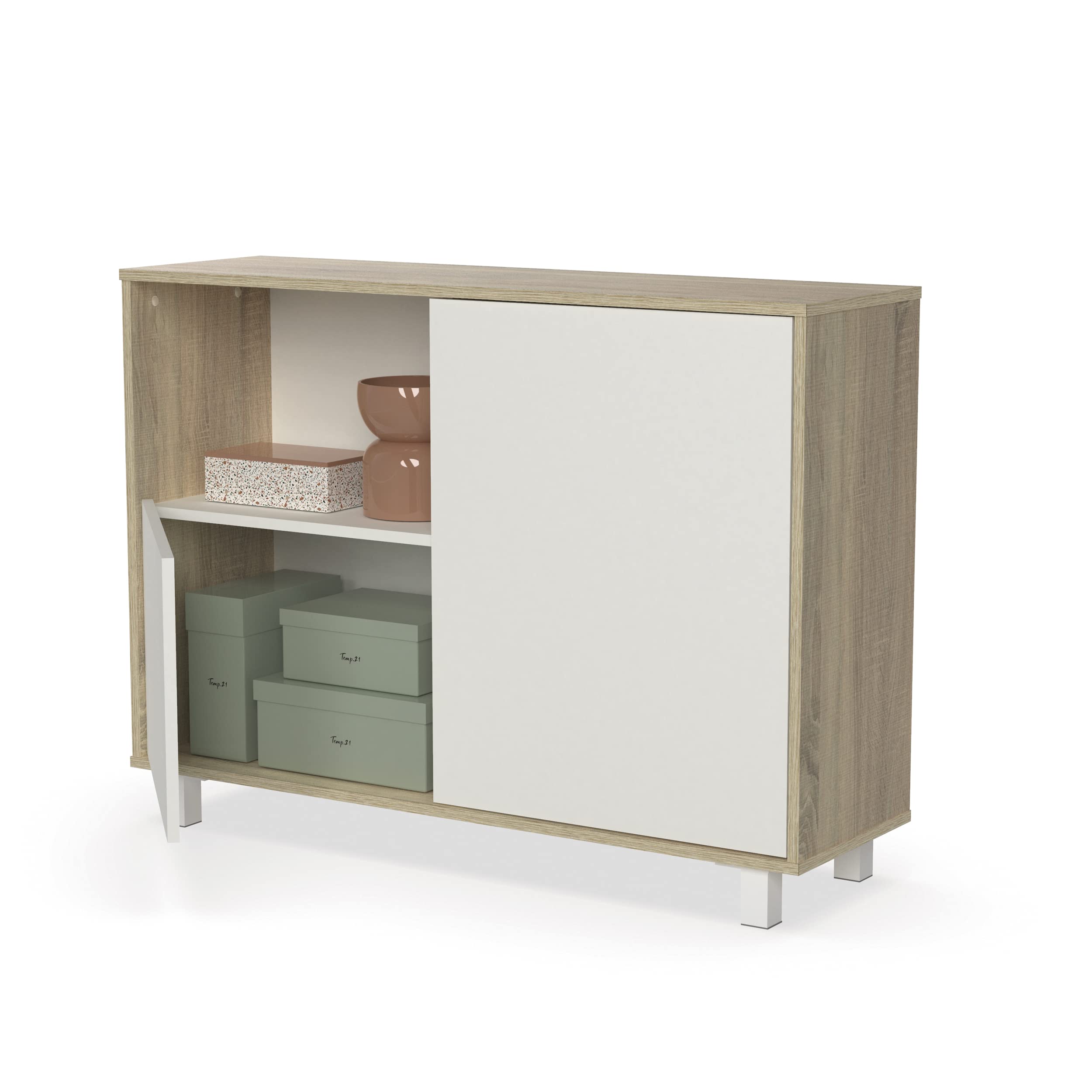 MUEBLES PITARCH | Aparador Salón Comedor, Buffet, Mueble Auxiliar, 2 Puertas y 1 Hueco, con Patas, Blanco y Roble Cambrian, 82,5x112x33cm, Recibidor Moderno, Colección Tibet