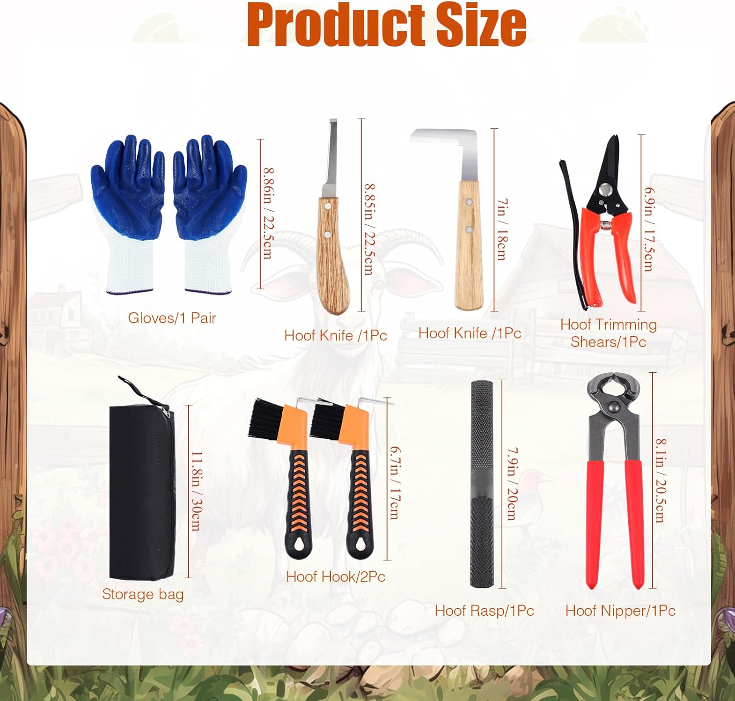 WILLBOND 9 Pcs 8 Inch Farrier Tools Kit Horse Goat Hoof Trimmer Metal Shears Farriers Hoof Nipper Cutter Handle Knife Gloves Brush Goat Supplies with Storage Bag