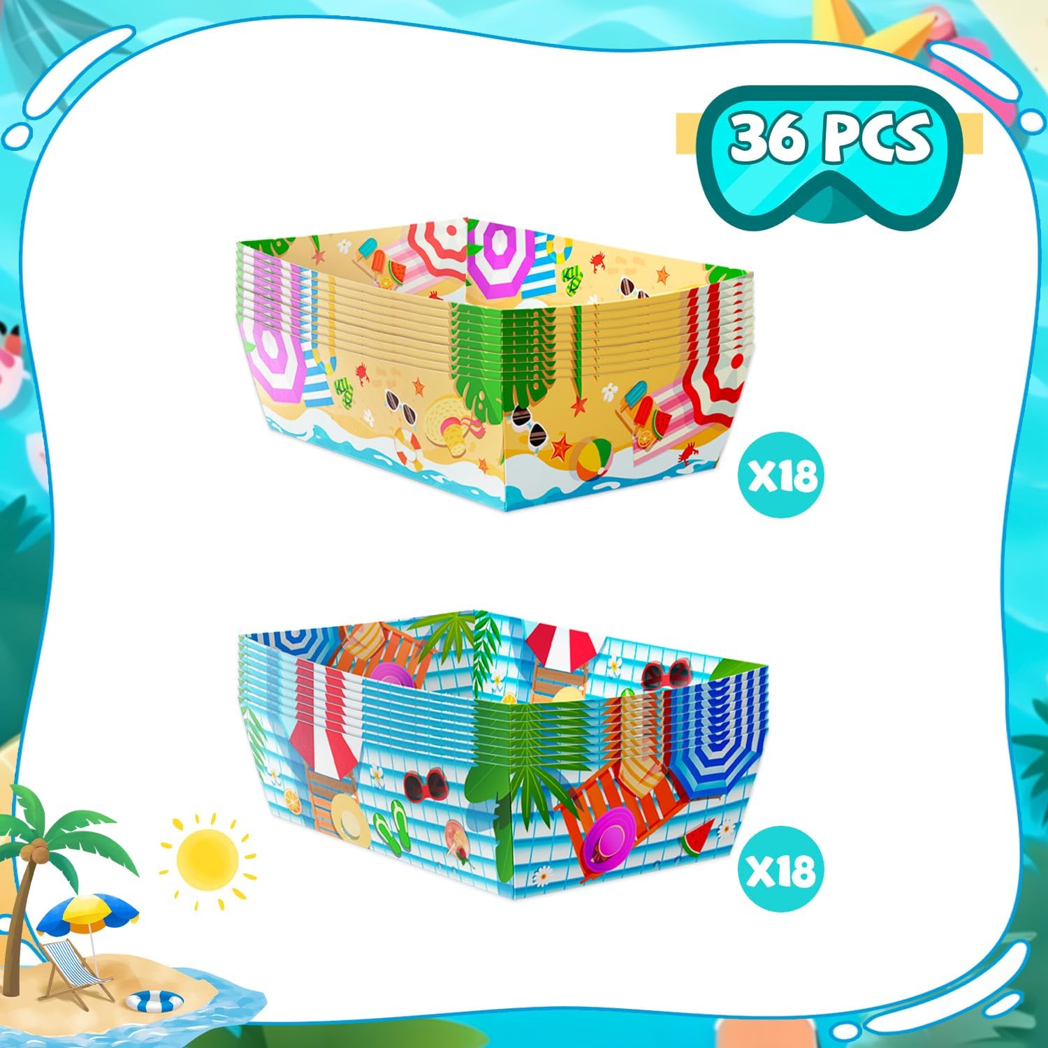 36pcs Summer Pool Paper Food Trays, Pool Popcorn Tray Beach Popcorn Tray Hawaiian Paper Food Boat Trays for Hawaii Tropical Party Decorations Supplies