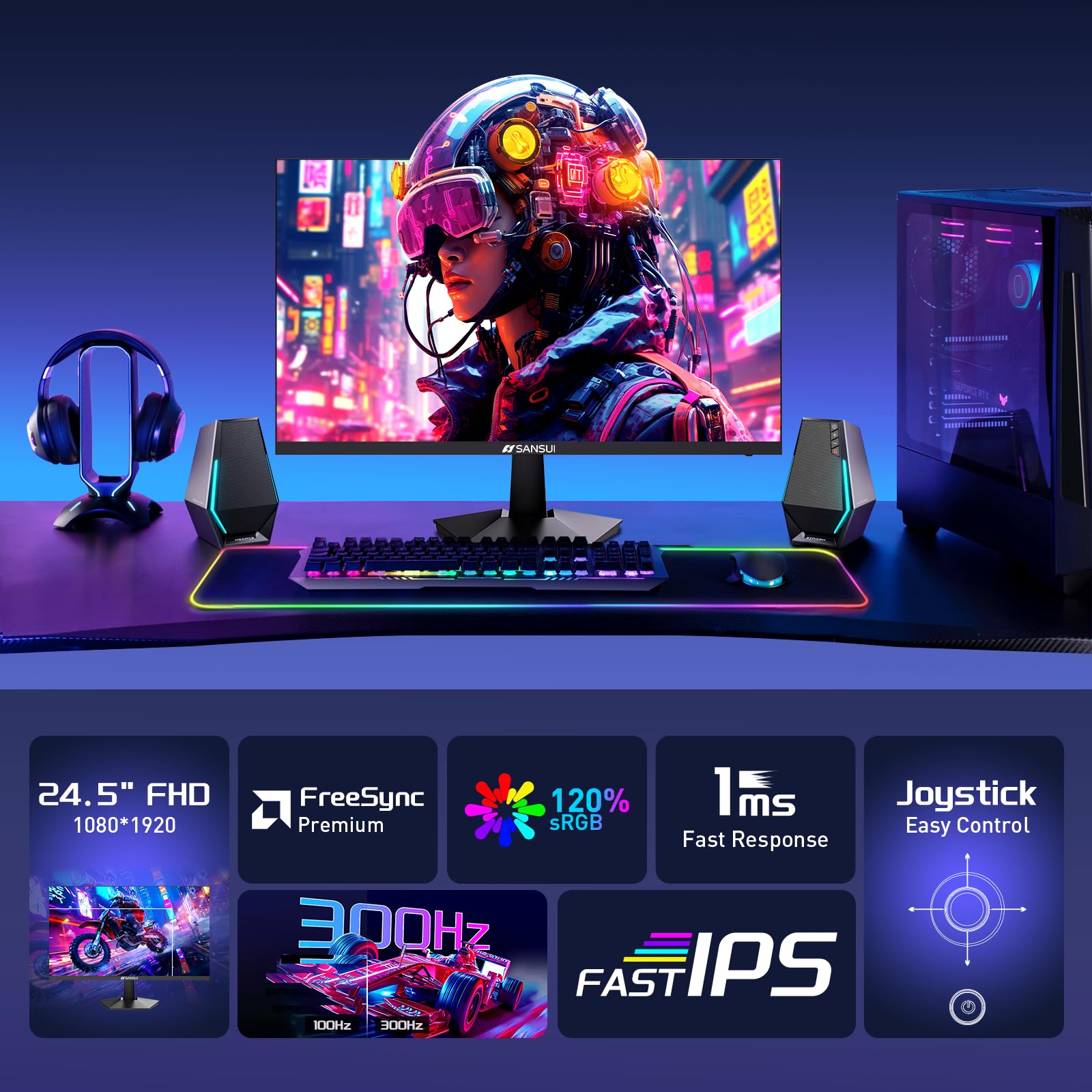 SANSUI - Monitor da gioco, 24,5", 300Hz 240Hz FHD 1080P 1ms FPS PC, HDR, FreeSync, DisplayPort x2 HDMI x2, Fast IPS, 120% sRGB, Jack audio, supporto VESA, compatibile