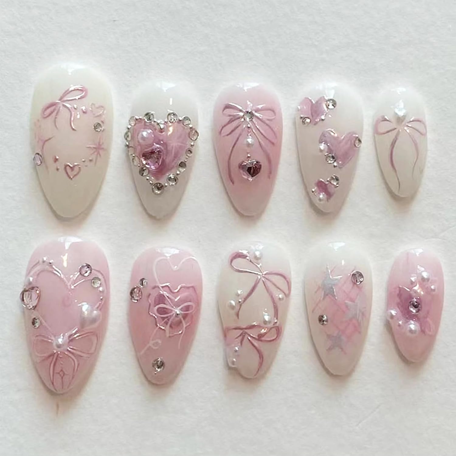 Pink Press on Nails Medium Almond - 3D Heart Rhinestones