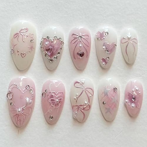 LBPEPAMZ Pink Press on Nails Medium Almond Fake Nails with 3D Heart Pearl Rhinestones Designs White Gradient Bow Silver Star Stick on Nails Flower Charms Full Cover Glue on Nails for Women Girls 24Pcs - Hearts
