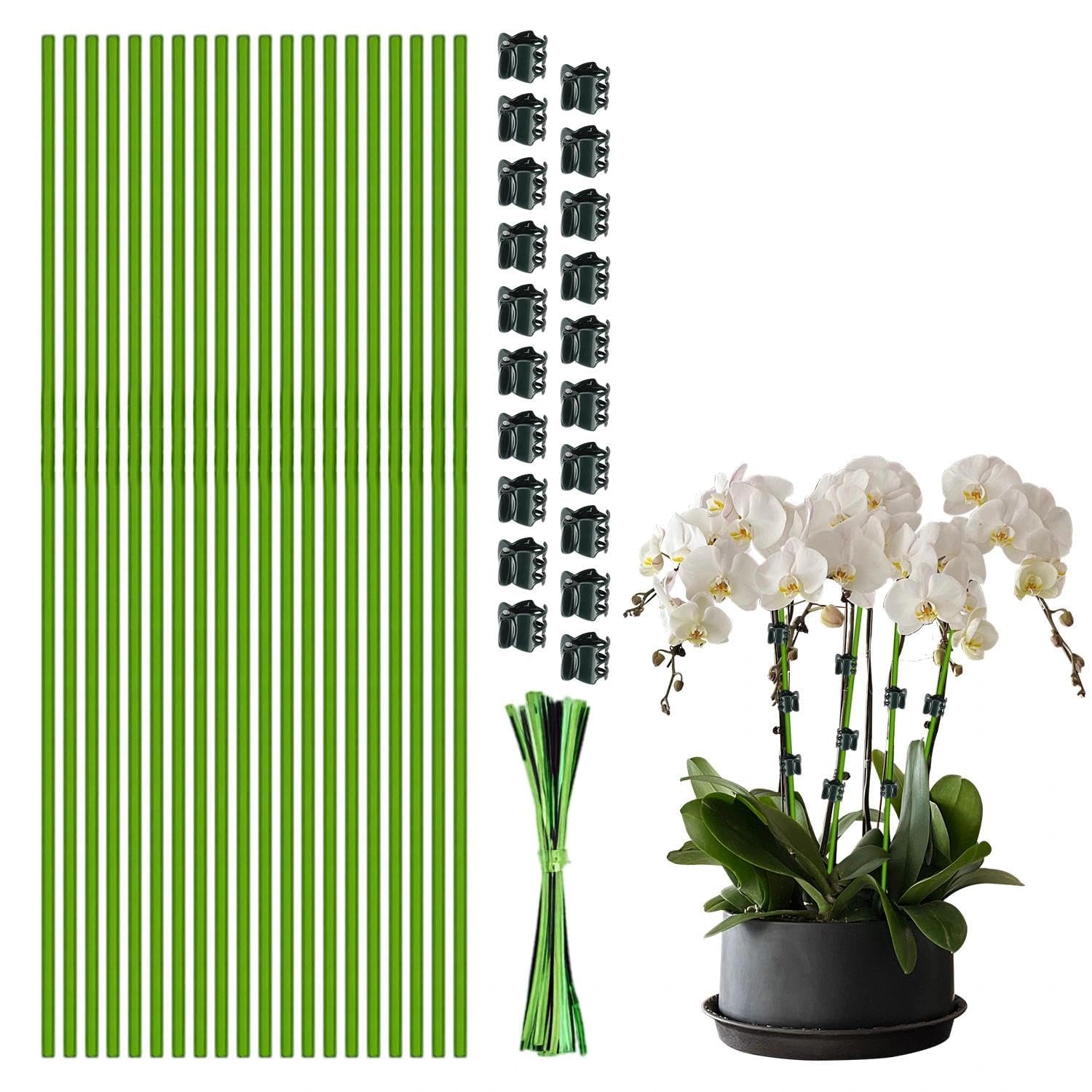 20pcs Plant Support Stakes with Orchid Clips and Cable Ties,Plastic Plant Supports For Outdoor Plants, Durable Plastic Plant Supports for Indoor and Outdoor Plants, Adjustable Flower Sticks for