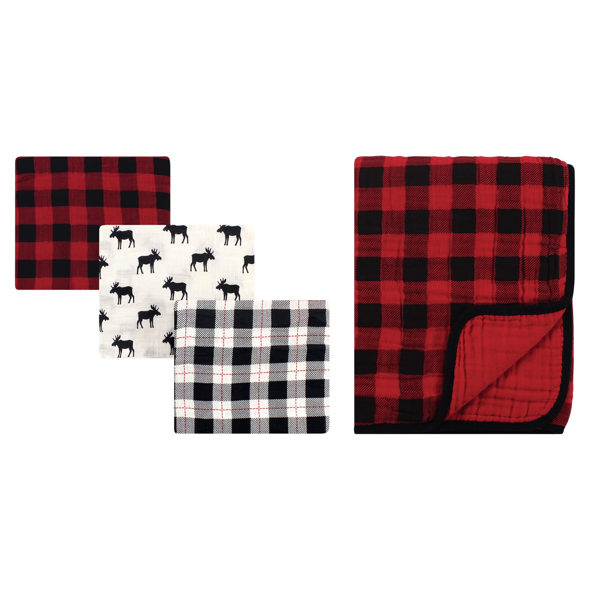 Hudson Baby Manta unisex de muselina para bebé, Manta niños, Mantas para cuna, 3 piezas y manta tranquila, diseño a cuadros de alce y búfalo, talla única