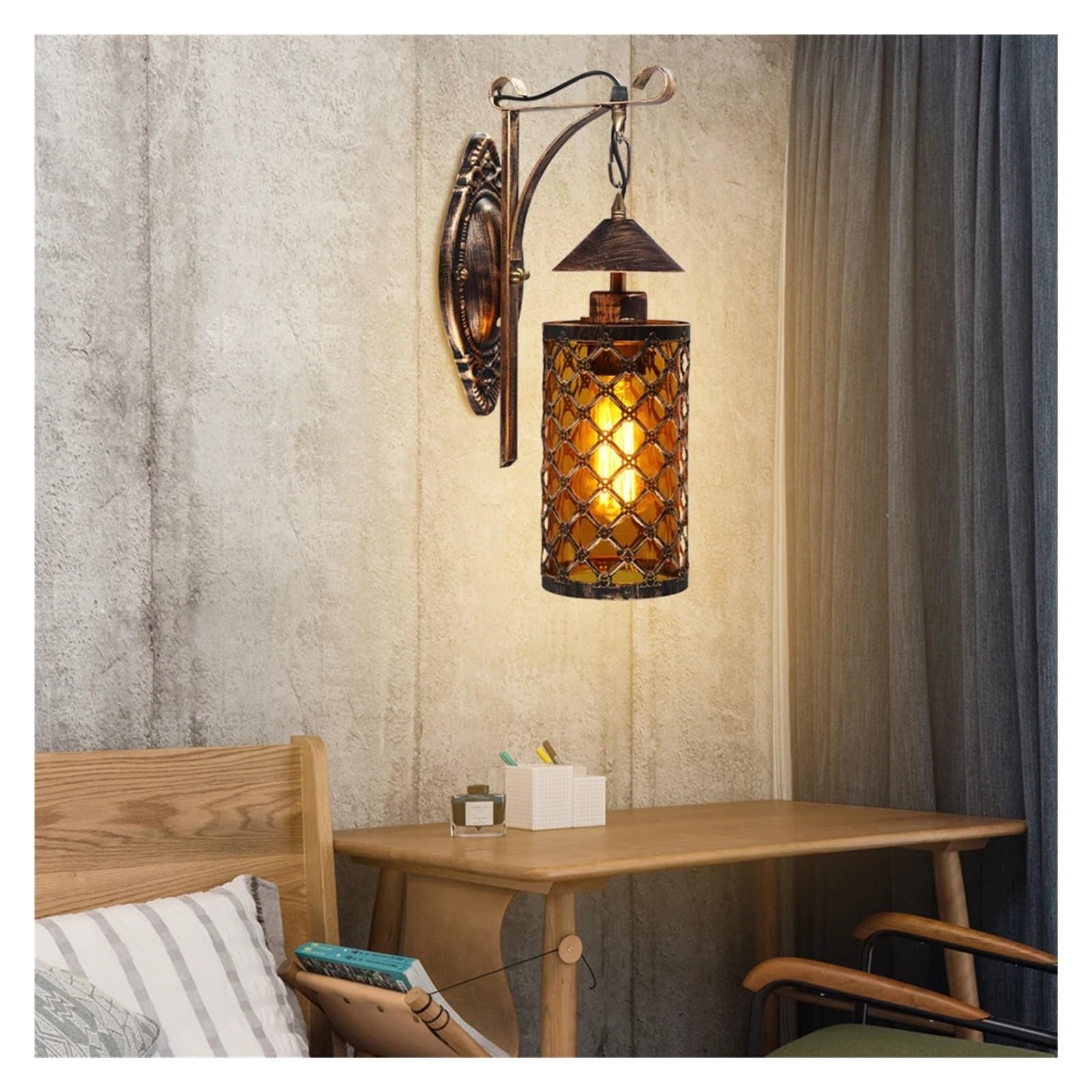 CWCQGH Wall Sconces, Chinese Style Retro Indoor Bathroom Wall LED Light Bedside Glass Kerosene Lamp Bar Corridor E27 Lantern Wall Sconce