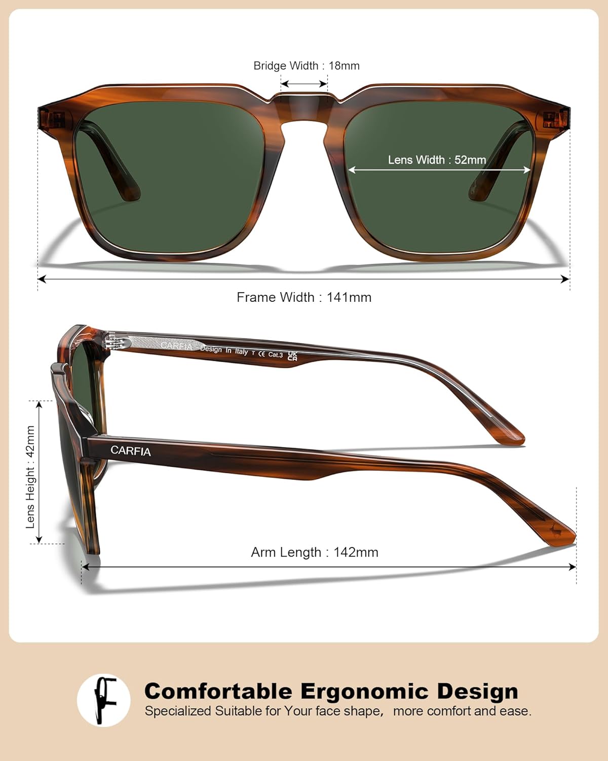 CARFIA Acetate Classic Square Polarized Sunglasses for Men Women UV400 Lenses Hand-crafted Frame Retro Outdoor Sun Glasses - Image 7