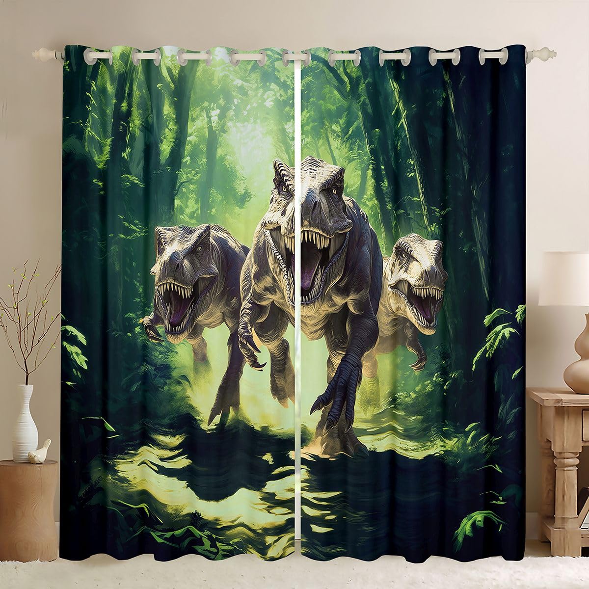 Rideau dinosaure vert 140x175 cm et voilage jungle pour deco de chambre