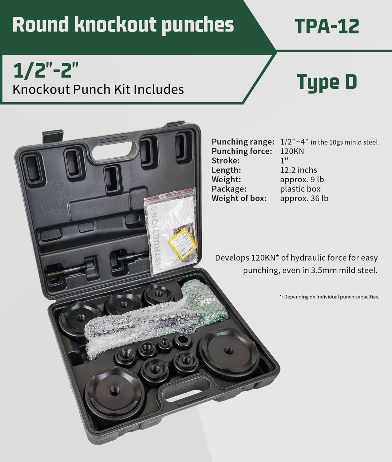 Hydraulic Knockout Punch Electrical Conduit Hole Cutter Set KO Tool Kit 1/2 to 2 inch (8T(1/2"-2")) (Integral 1/2"~4")