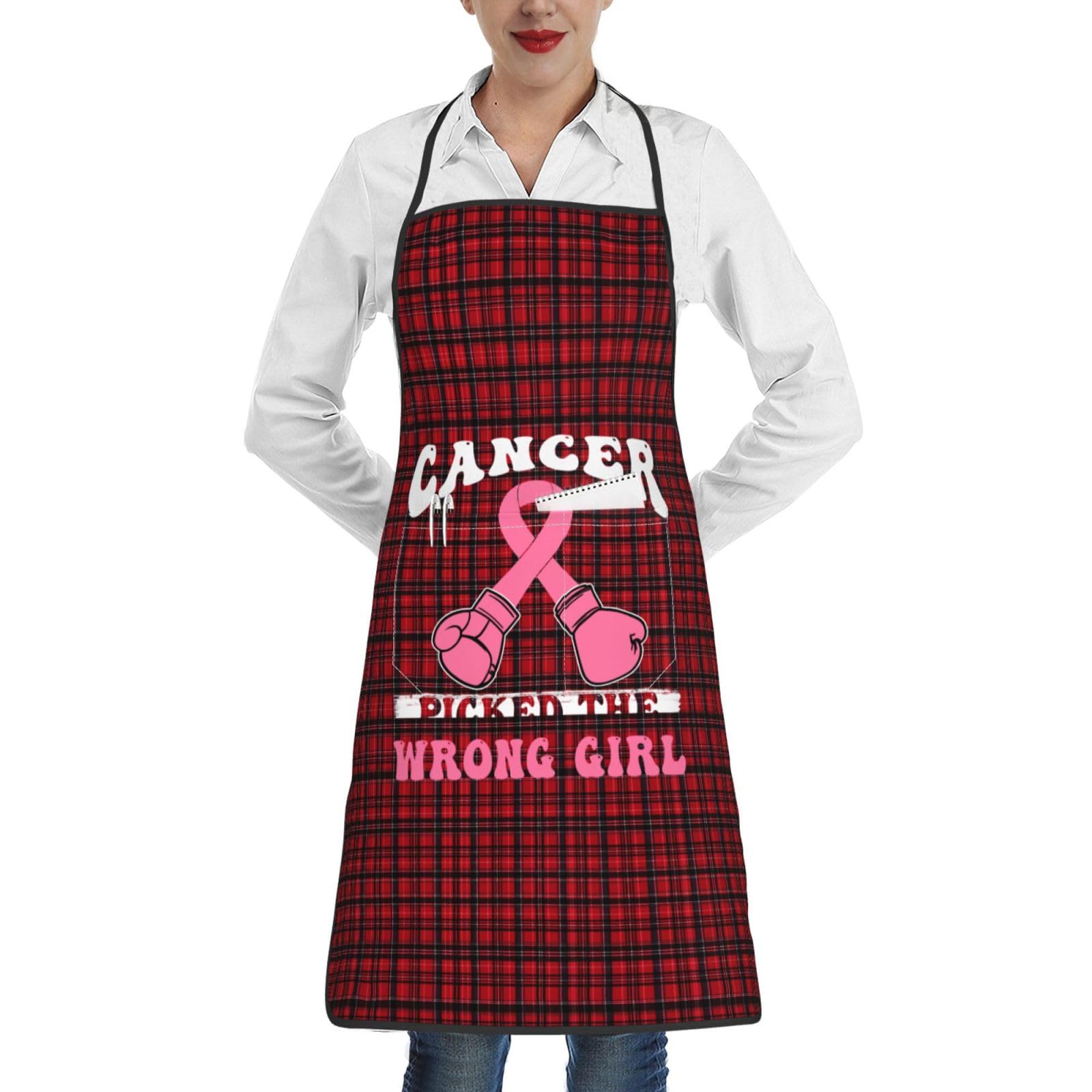 nopicsn Cancer Picked The Wrong Girl Breast Cancer Apron for cooking with Pockets Women Men Kitchen Chef Funny Aprons