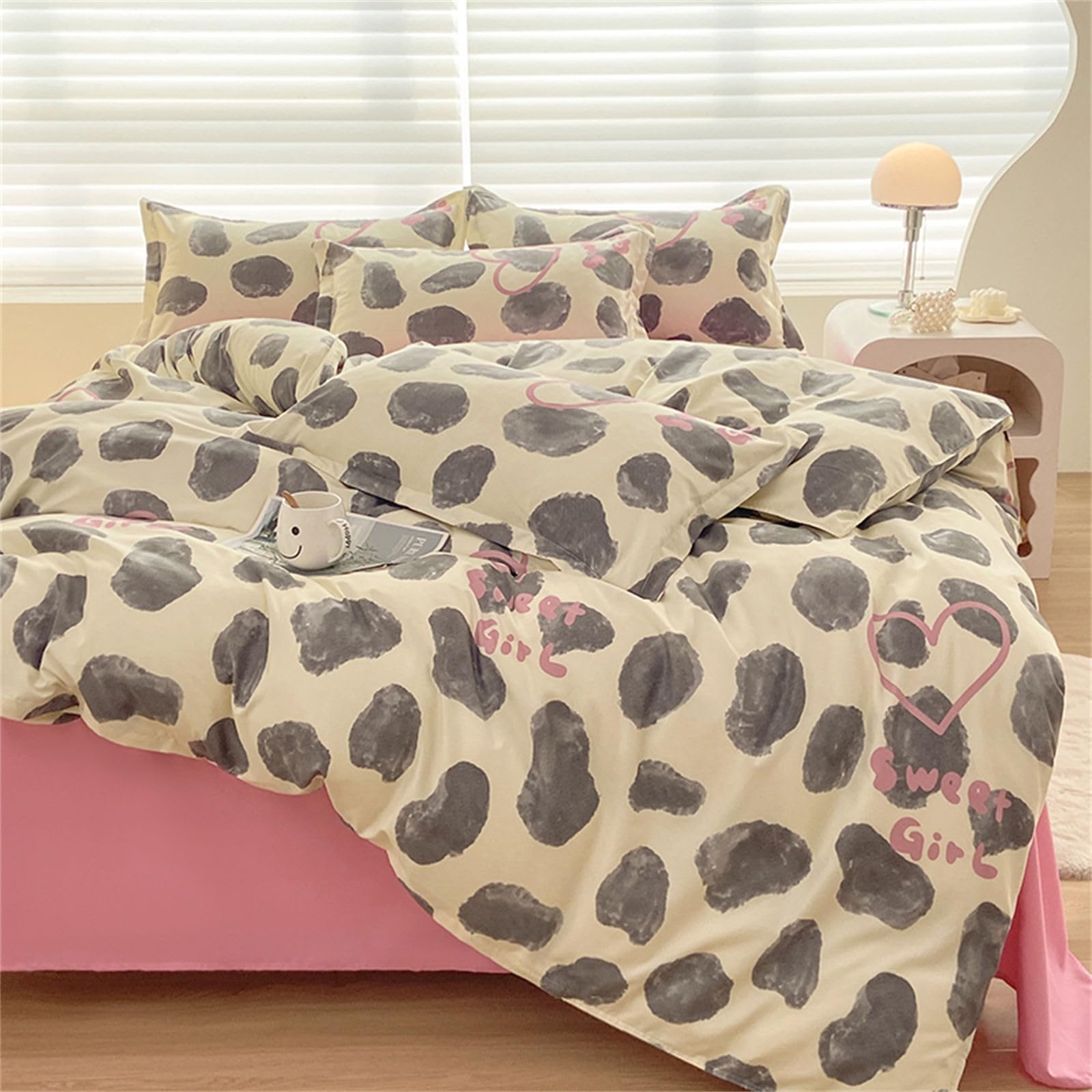 Odot Love Heart Print Duvet Cover Set 4 pcs, Soft Bedding Set with Quilt Cover, Bed Sheet & Pillowcases, Duvet Cover Sets for Single Double King, Adult Teenager (200x230cm,Leopard Print)