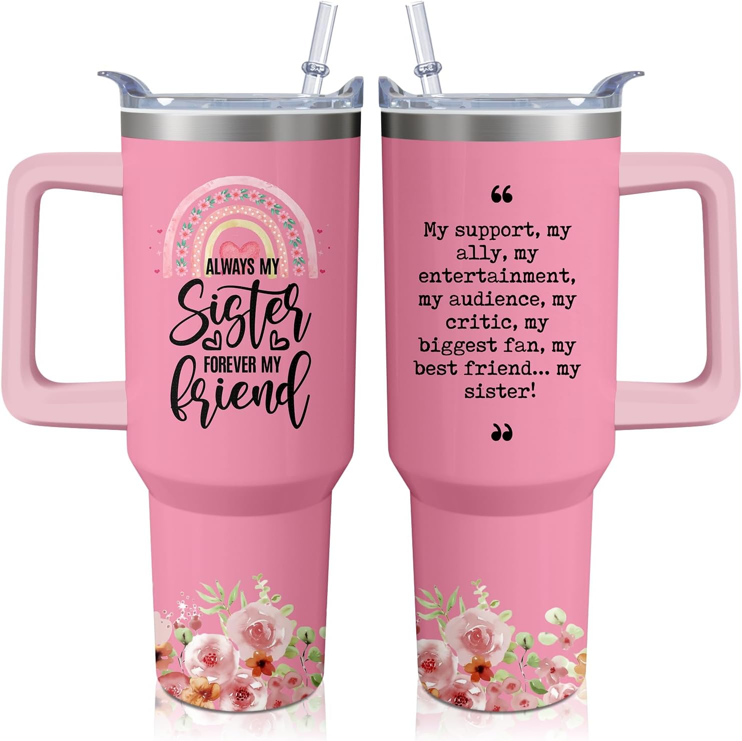 40oz Sister Tumbler with Handle and Straw, Insulated Stainless Steel Cup, Travel Coffee Mug Water Bottle, Birthday Gifts for Women