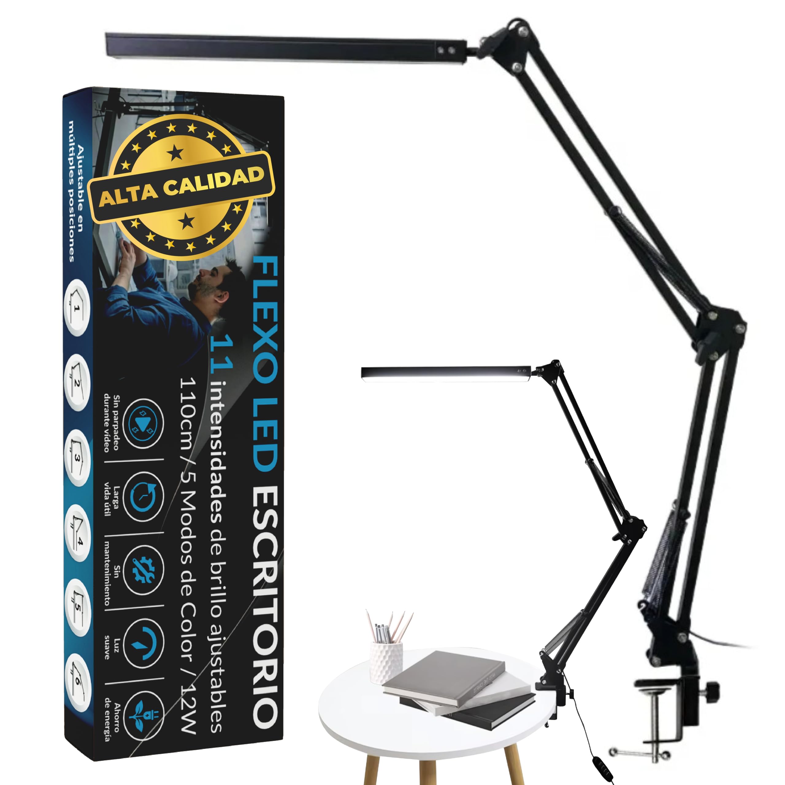 PRIME ESSENTIALS® Lampara Escritorio I Flexo LED | 110Cm 5 Modos de Color 12W | Función de Memoria I 11 Niveles de Brillo 1300 LM | Para Oficina Estudiar Salon | Candeeiro de Mesa I Color Negro.