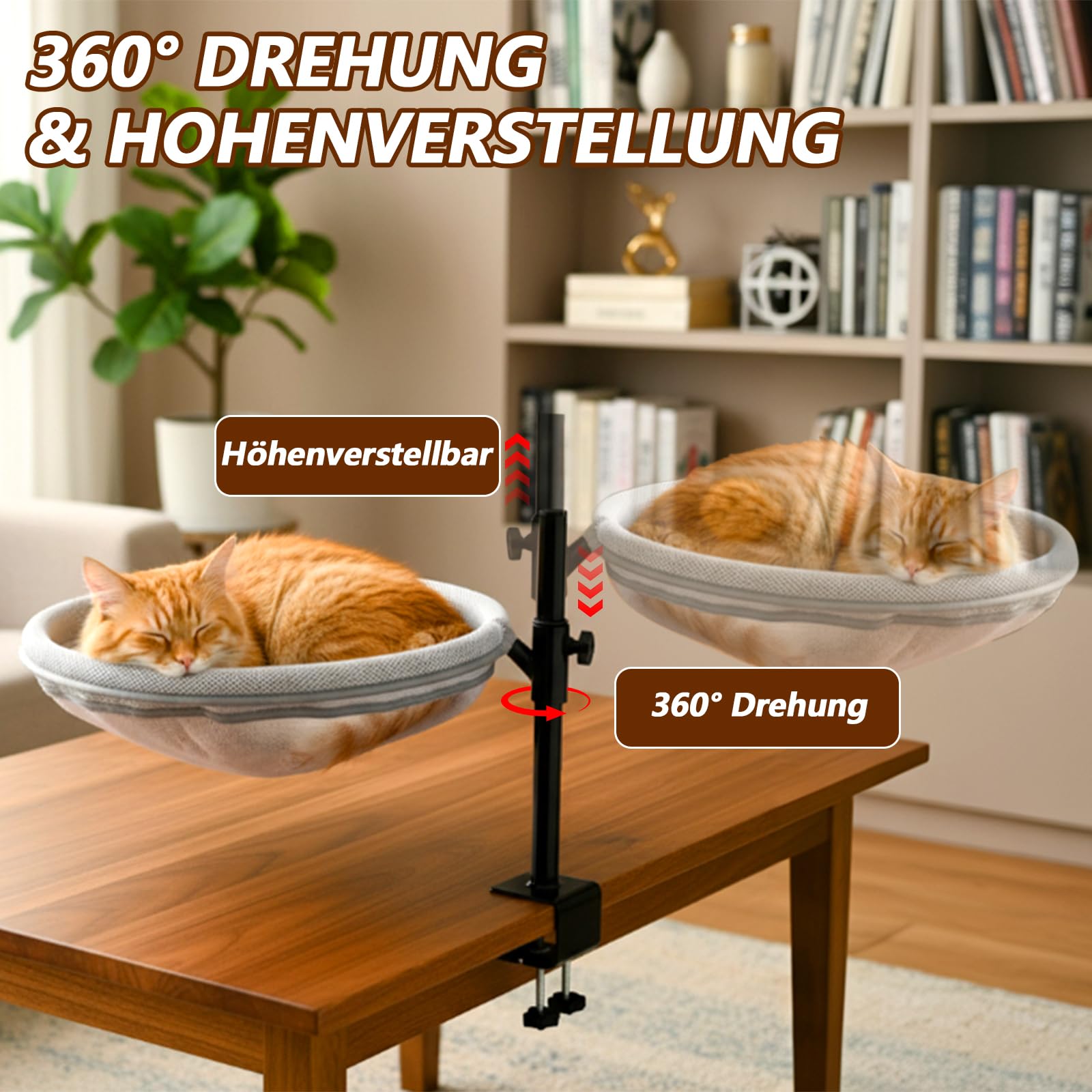 Katzenbett Schreibtisch, 360° drehbar & Höhenverstellbar, Max 33lb | Katzenkorb Schreibtisch mit 2 waschbaren Bezügen, Katzen Hängematte für Home, Office, Büroschreibtische, Spieltische-Grau