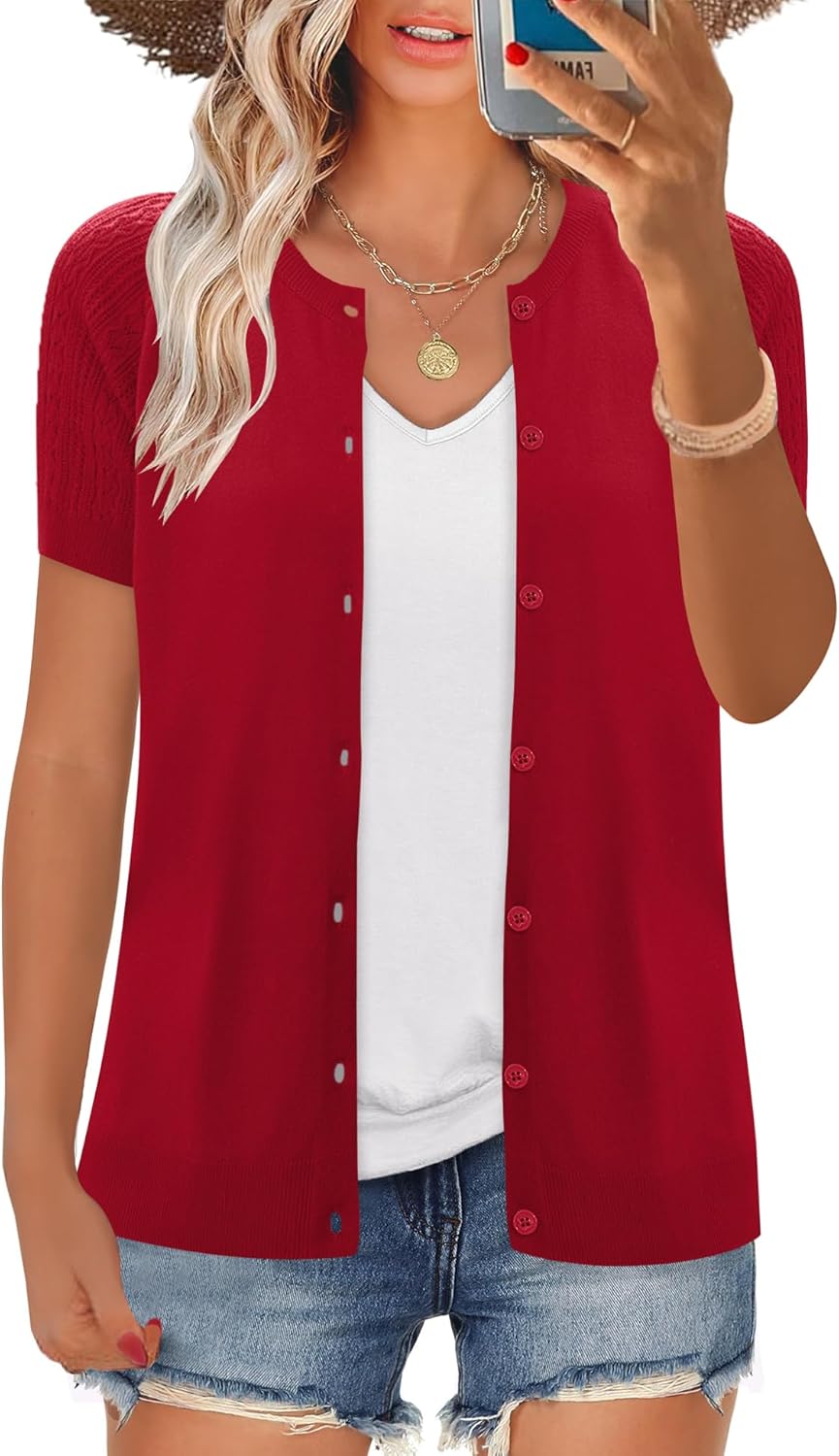 FreshNight Women's 2025 Short Sleeve Cardigan Button Up Hollowed Out Crewneck Shrug Sweaters Knit Sweater Tops Lightweight