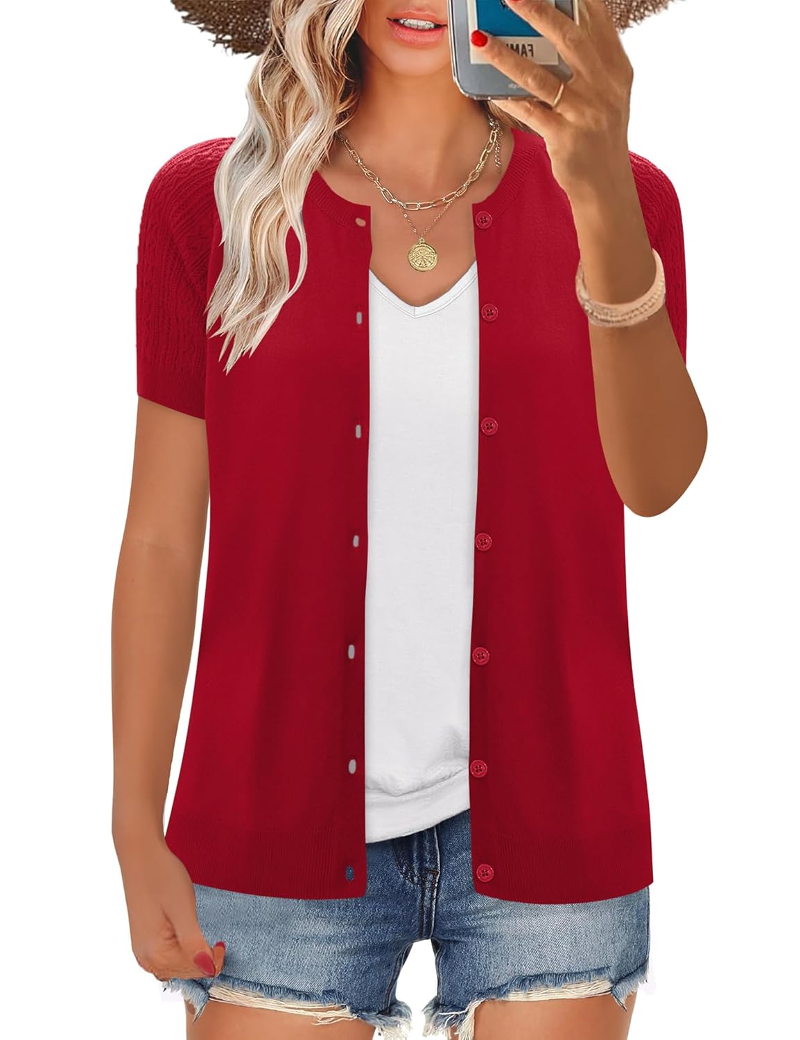 FreshNight Womens 2025 Short Sleeve Cardigan Button Up Hollowed Out Crewneck Shrug Sweaters Knit Sweater Tops Lightweight