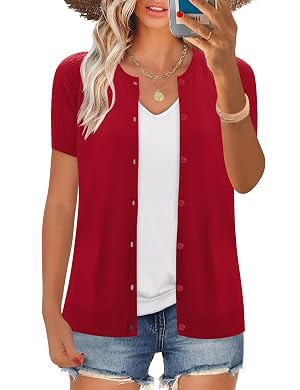 FreshNight Womens 2025 Short Sleeve Cardigan Button Up Hollowed Out Crewneck Shrug Sweaters Knit Sweater Tops Lightweight