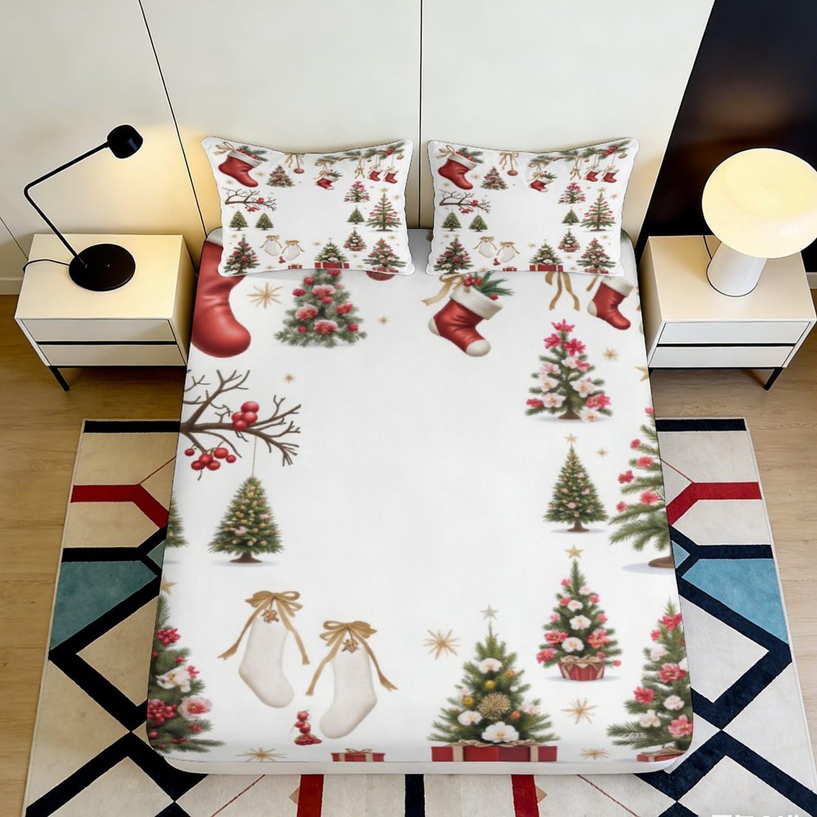 Pnayamiorkfel Style-3 3D Printed Christmas Tree Fitted Sheet Microfiber Festive Holiday Stocking Bed Cover For Bedroom Guest Room Decor 90X200x25cm